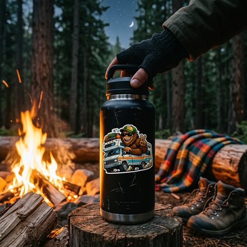 Bigfoot RV sticker by campfire